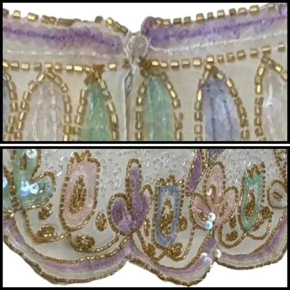 Vintage Beaded Silk Scallop Hem Pastel Sequin Top India Gold Blue Pink Purple M - Picture 4 of 7